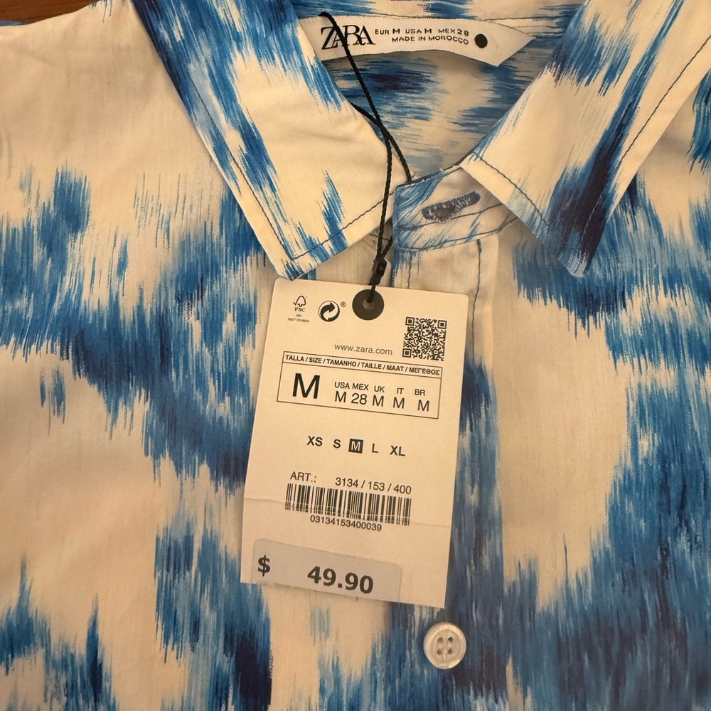 Zara Men's Casual Blue and White Button Down Shirt